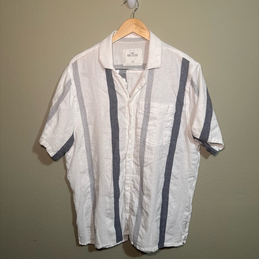 Mens Hollister Shirt, Size X-Large, White, Stripe, Short Sleeve, Linen Blend